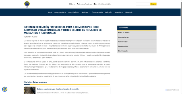 Security scan screenshot of https://ministeriopublico.gob.pa/notas-de-prensa/imponen-detencion-provisional-para-8-hombres-por-robo-agravado-violacion-sexual-y-otros-delitos-en-perjuicio-de-migrantes-y-nacionales/