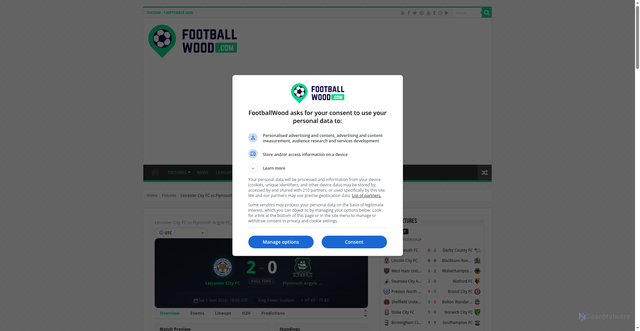 Security scan screenshot of https://www.footballwood.com/fixtures/Leicester+City+FC-vs-Plymouth+Argyle+FC/