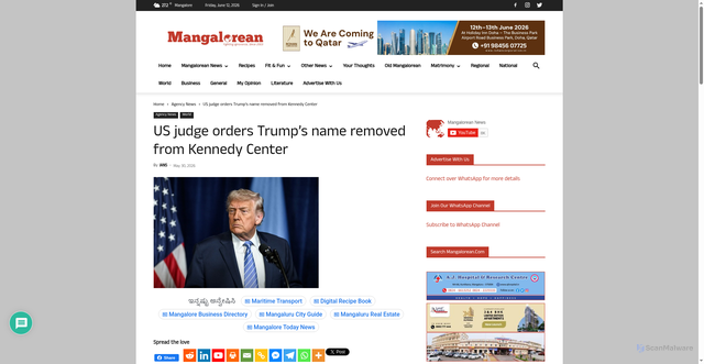 Security scan screenshot of https://www.mangalorean.com/us-judge-orders-trumps-name-removed-from-kennedy-center/