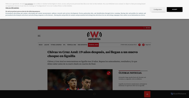 Security scan screenshot of https://www.wdeportes.com/2025/11/25/chivas-vs-cruz-azul-19-anos-despues-asi-llegan-a-un-nuevo-choque-en-liguilla/