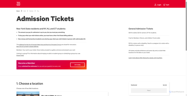 Security scan screenshot of https://engage.metmuseum.org/admission