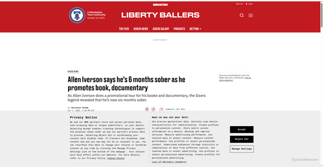 Security scan screenshot of https://www.libertyballers.com/76ers-news/78853/allen-iverson-says-hes-6-months-sober-as-he-promotes-book-documentary