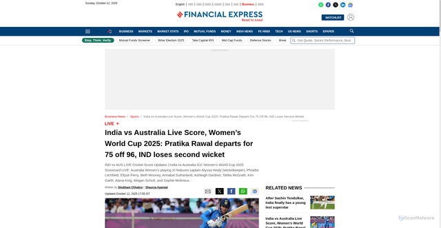 Security scan screenshot of https://www.financialexpress.com/sports/india-women-vs-australia-women-live-score-world-cup-2025-ind-w-vs-aus-w-match-today-scorecard-visakhapatnam-live-updates-smriti-mandhana-harmanpreet-kaur/4007951/