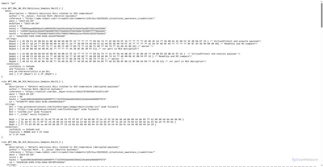 Security scan screenshot of https://raw.githubusercontent.com/Neo23x0/signature-base/master/yara/gen_mal_3cx_compromise_mar23.yar