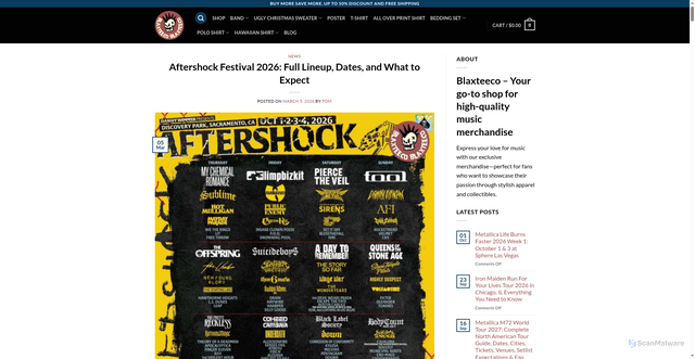 Security scan screenshot of https://blaxteeco.com/aftershock-festival-2026-full-lineup-dates-and-what-to-expect/