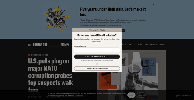 Security scan screenshot of https://www.ftm.eu/articles/us-drops-case-in-nato-corruption-scandal