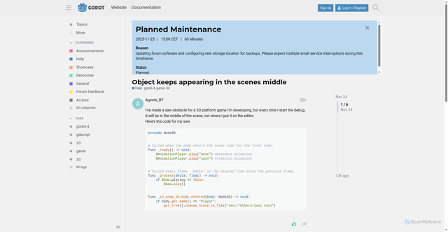 Security scan screenshot of https://forum.godotengine.org/t/object-keeps-appearing-in-the-scenes-middle/128535