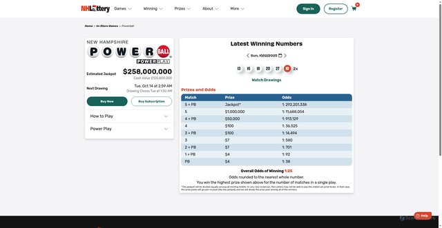 Security scan screenshot of https://www.nhlottery.com/game/powerball