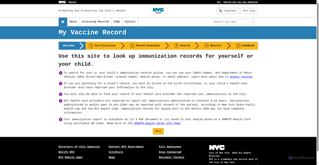 Security scan screenshot of https://myvaccinerecord.cityofnewyork.us/myrecord/