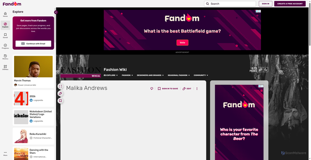 Security scan screenshot of https://fashion.fandom.com/wiki/Malika_Andrews
