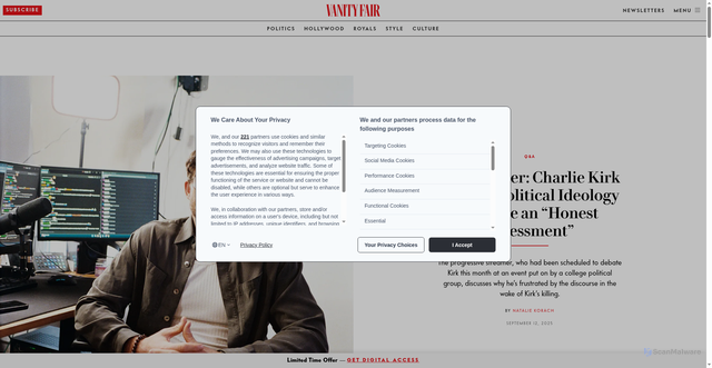 Security scan screenshot of https://www.vanityfair.com/news/story/hasan-piker-charlie-kirk?srsltid=AfmBOopaNXqNBw6kRYdm-Ll34SeBavVC105N8xvPjwAtFHj7otMAiVcL
