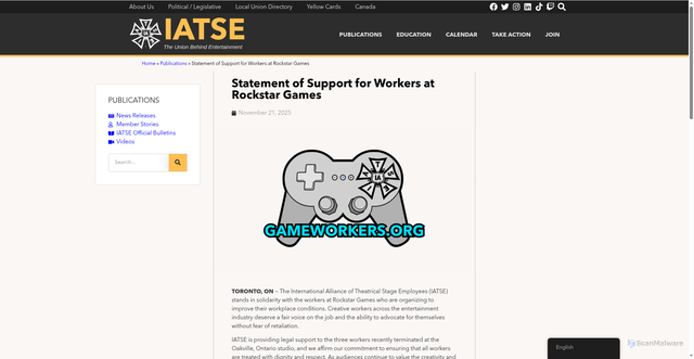Security scan screenshot of https://iatse.net/statement-of-support-for-workers-at-rockstar-games/