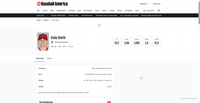 Security scan screenshot of http://www.baseballamerica.com/players/19259-cade-smith/