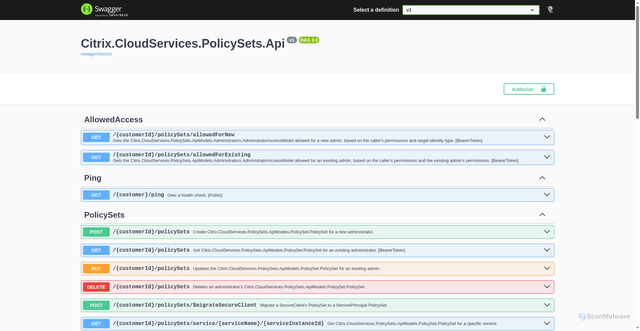 Security scan screenshot of https://policysets-eastus-release-a.citrixworkspacesapi.net
