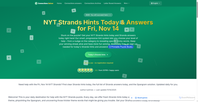 Security scan screenshot of https://connectionssolver.com/nyt-strands-hints-answers-today