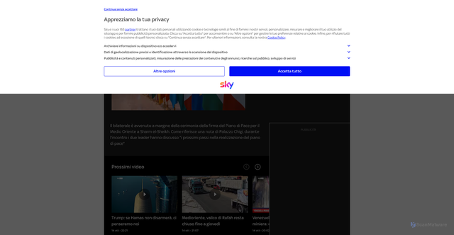 Security scan screenshot of https://tg24.sky.it/mondo/video/2025/10/13/meloni-incontra-il-presidente-egiziano-al-sisi-1042968