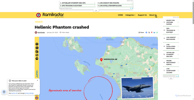 Security scan screenshot of https://www.itamilradar.com/2023/01/30/hellenic-phantom-crashed/
