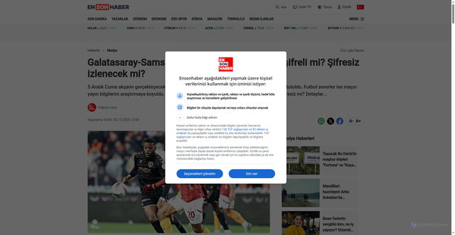 Security scan screenshot of https://www.ensonhaber.com/medya/galatasaray-samsunspor-maci-hangi-kanalda-sifreli-mi-sifresiz-izlenecek-mi