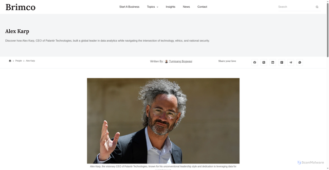 Security scan screenshot of https://www.brimco.io/people/alex-karp/?srsltid=AfmBOop3l-KH5w7iBANm_U5aCAhn3mD66-tSZaVACQZIvFzyZawpK0um