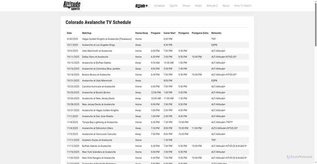 Security scan screenshot of https://www.altitudesports.com/colorado-avalanche-schedule/
