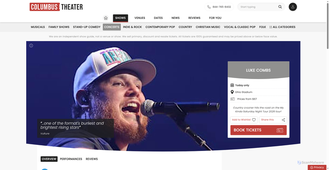 Security scan screenshot of https://www.columbus-theater.com/shows/ohio-stadium/luke-combs