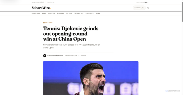 Security scan screenshot of https://saharawire.com/article/tennis-djokovic-grinds-out-opening-round-win-at-china-open