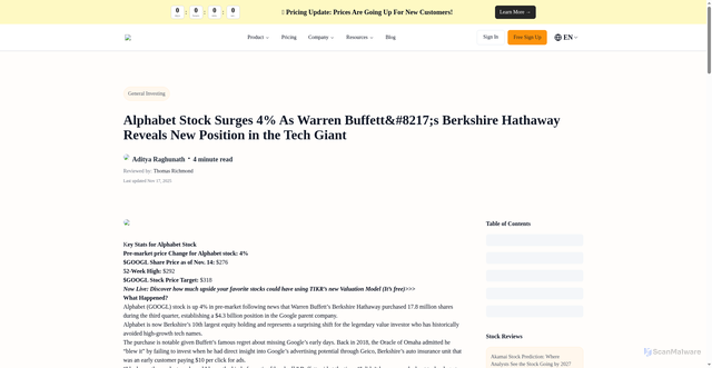 Security scan screenshot of https://www.tikr.com/blog/alphabet-nasdaq-googl-stock-surges-as-warren-buffetts-berkshire-hathaway-reveals-new-position-in-the-tech-giant
