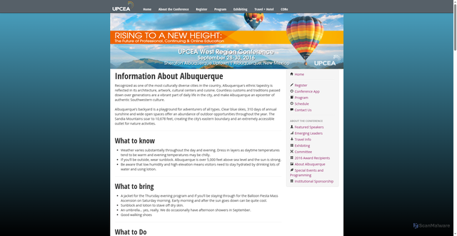 Security scan screenshot of https://conferences.upcea.edu/west16/aboutABQ.html