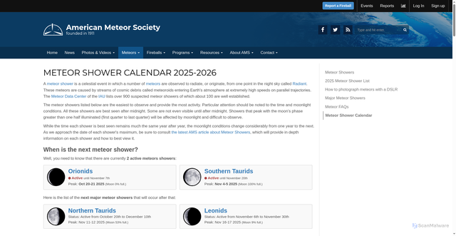 Security scan screenshot of https://www.amsmeteors.org/meteor-showers/meteor-shower-calendar/