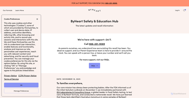 Security scan screenshot of https://byheart.com/pages/an-update-from-our-founders-on-our-voluntary-recall-november-2025?srsltid=AfmBOoq9gMoilfIs6C_vj1d0HbVKR44lstlbDl8IHUSrOQ4MEfLCfB2t