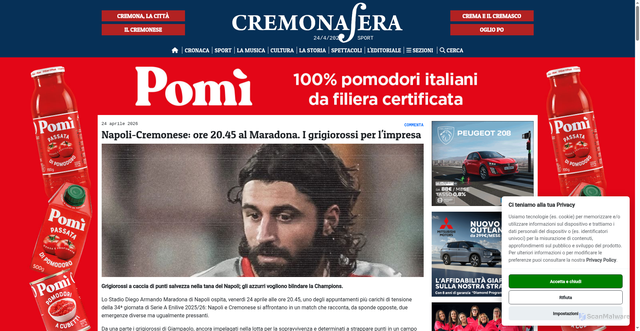 Security scan screenshot of https://cremonasera.it/sport/napoli-cremonese-ore-2045-al-maradona-i-grigiorossi-per-l-impresa
