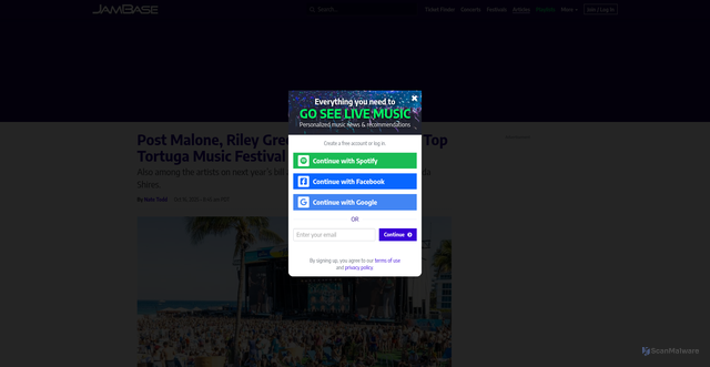 Security scan screenshot of https://www.jambase.com/article/tortuga-music-festival-2026-lineup-post-malone-riley-green-kenny-chesney