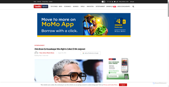 Security scan screenshot of https://thevaultznews.com/2026/08/22/chris-brown-ex-housekeeper-wins-right-to-collect-13m-judgment/