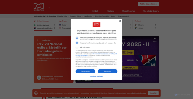 Security scan screenshot of https://www.deportesrcn.com/futbol/liga-betplay/nacional-vs-medellin-en-vivo-liga-betplay-hoy-jueves-142482