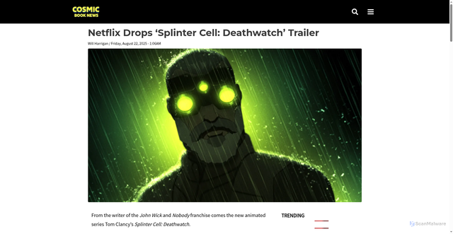 Security scan screenshot of https://cosmicbook.news/splinter-cell-deathwatch-netflix-trailer