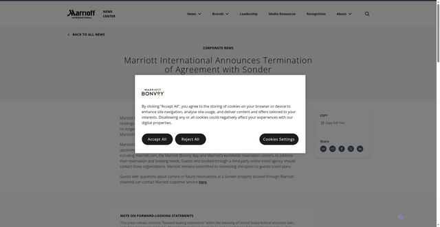 Security scan screenshot of https://news.marriott.com/news/2025/11/09/marriott-international-announces-termination-of-agreement-with-sonder