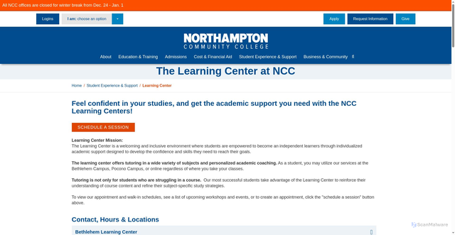 Security scan screenshot of https://www.northampton.edu/student-experience-and-support/learning-center/