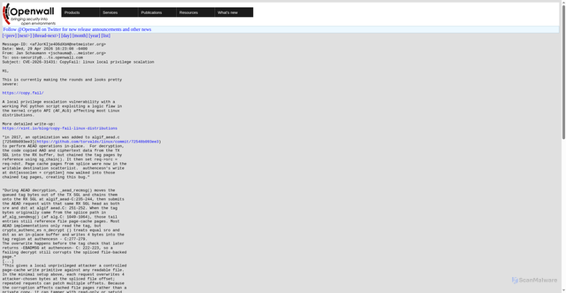 Security scan screenshot of https://www.openwall.com/lists/oss-security/2026/04/29/23