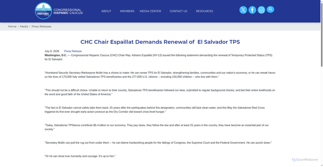 Security scan screenshot of http://chc.house.gov/media-center/press-releases/chc-chair-espaillat-demands-renewal-el-salvador-tps