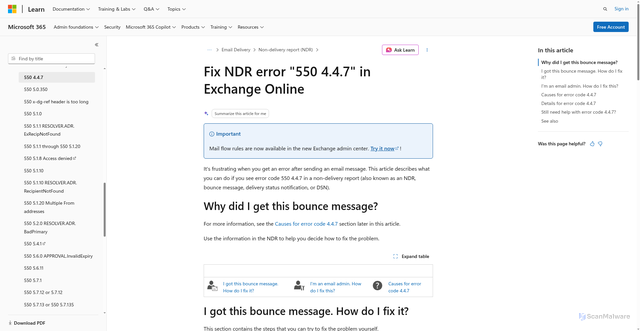 Security scan screenshot of https://learn.microsoft.com/en-us/troubleshoot/exchange/email-delivery/ndr/fix-error-code-550-4-4-7-in-exchange-online
