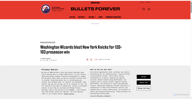 Security scan screenshot of https://www.bulletsforever.com/washington-wizards-recaps/65598/washington-wizards-blast-new-york-knicks-for-120-103-preseason-win