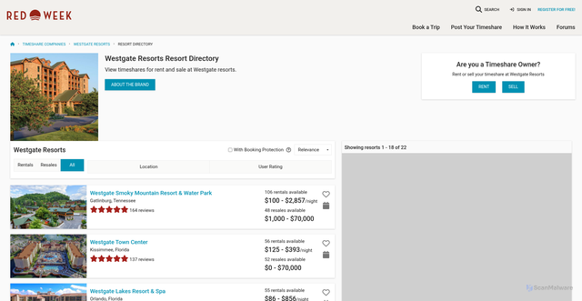 Security scan screenshot of https://www.redweek.com/timeshare-companies/westgate-resorts/resort-directory