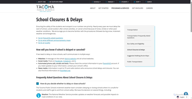 Security scan screenshot of https://www.tacomaschools.org/departments/transportation/emergency-routes