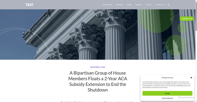 Security scan screenshot of https://bpdhealthcare.com/icu_blog/a-bipartisan-group-of-house-members-floats-a-2-year-aca-subsidy-extension-to-end-the-shutdown/