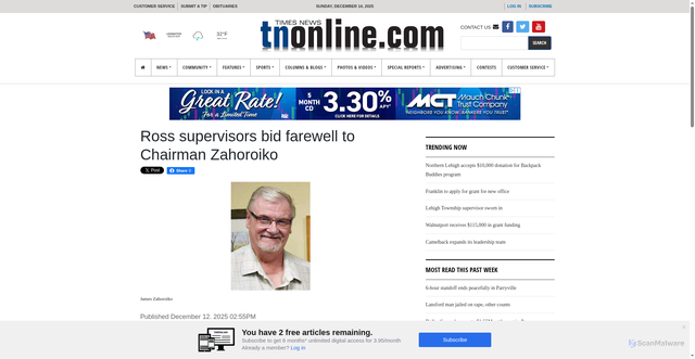 Security scan screenshot of https://www.tnonline.com/20251212/ross-supervisors-bid-farewell-to-chairman-zahoroiko/