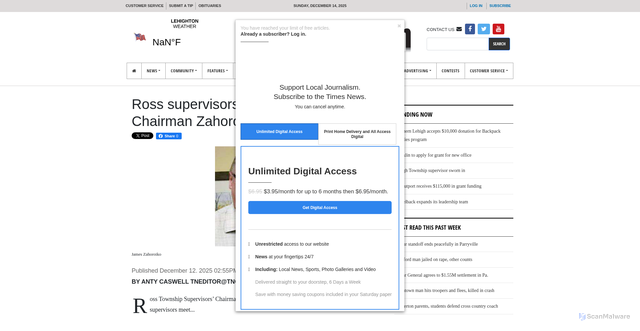 Security scan screenshot of https://www.tnonline.com/20251212/ross-supervisors-bid-farewell-to-chairman-zahoroiko/