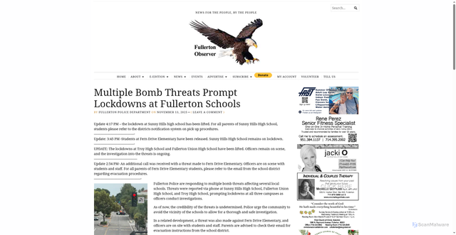 Security scan screenshot of https://fullertonobserver.com/2025/11/13/multiple-bomb-threats-prompt-lockdowns-at-fullerton-schools/