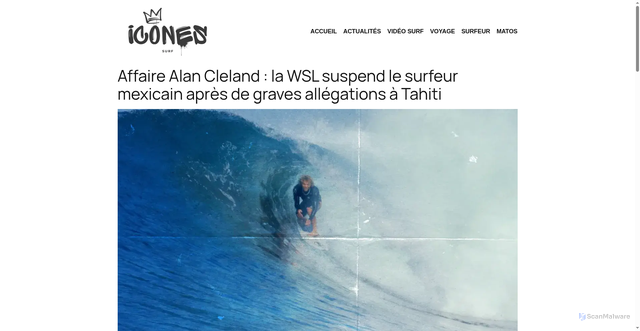 Security scan screenshot of https://www.icones-surf.fr/alan-cleland-suspendu-wsl-accusations-tahiti/