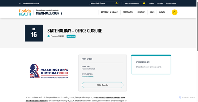 Security scan screenshot of https://miamidade.floridahealth.gov/event/state-holiday-office-closure-2026-02-15-f56872bc-f4b4-5753-bbb7-ce92477b7f10/