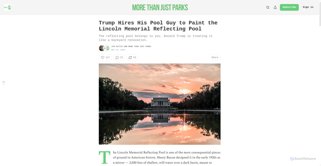 Security scan screenshot of https://morethanjustparks.substack.com/p/trump-hires-his-pool-guy-to-paint